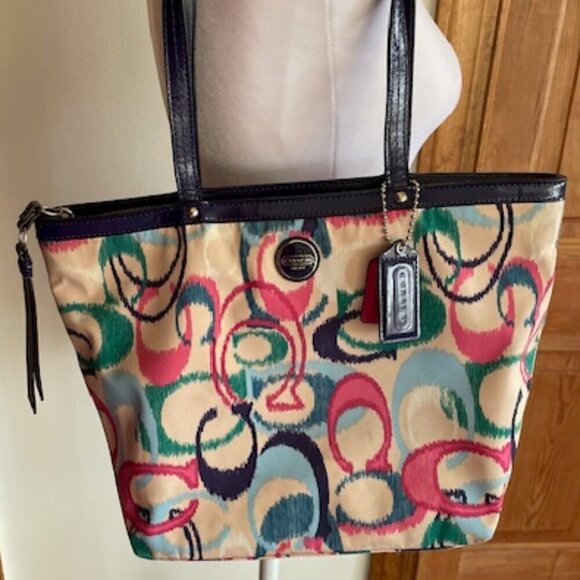 COACH Ikat Scribble Tote Double Handle Bag Blue Pink - Picture 1 of 15